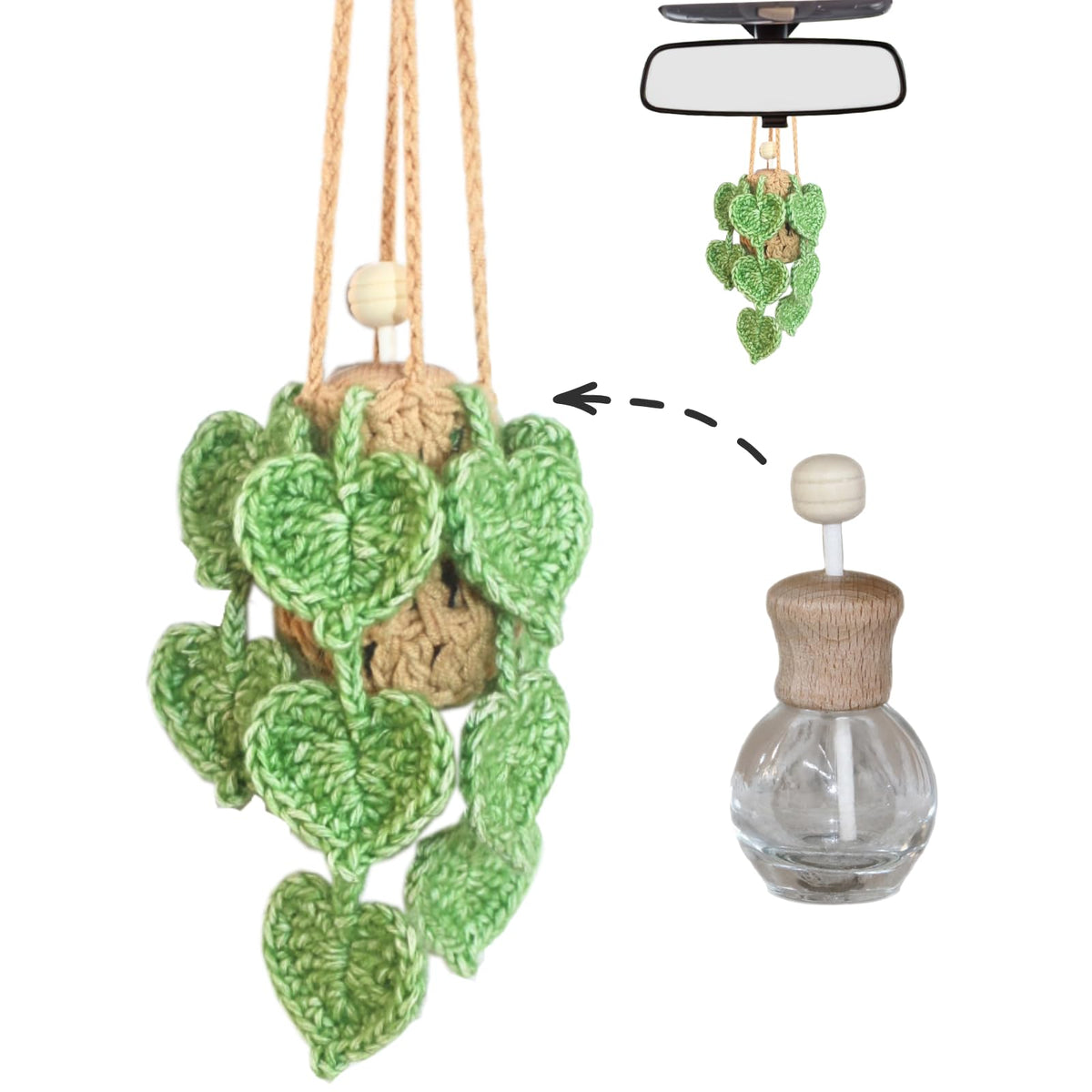 Cute Crochet Car Plant Monstera Essential Oil Diffuser Bottle - 12ml Refillable, Green Car Accessory for Mirror Decor and Home Decor
