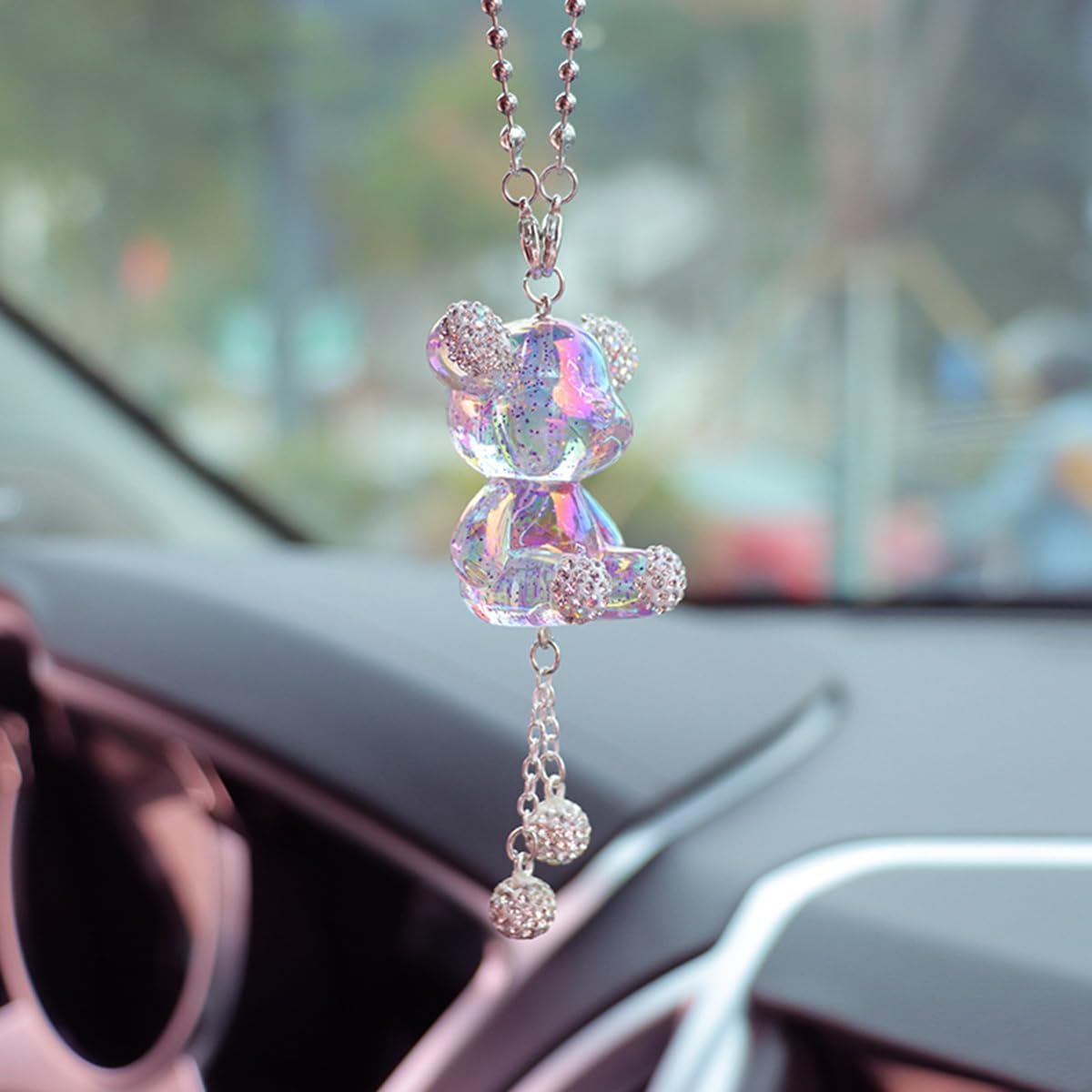 YOYLMAL Bling Diamond Car Hanging Accessories for Women, Cute Crystal Bear Car Rear View Mirror Charms Pendant Lucky Hanging Ornament Car Interior Decorations (Pink)