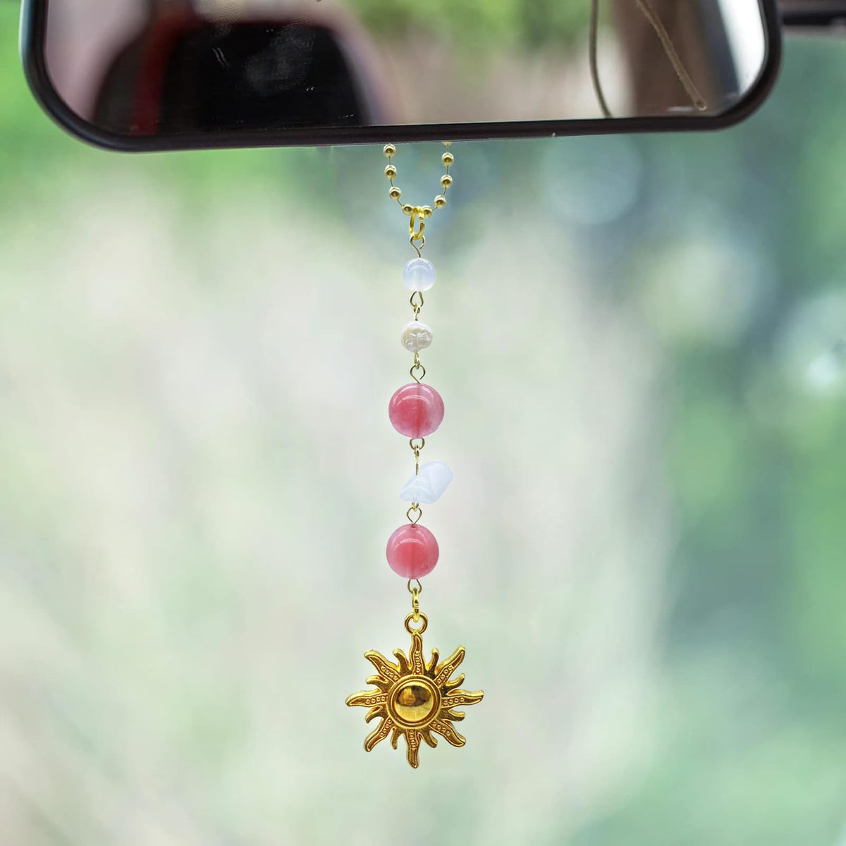 Sun Hanging Car Charm,Gold Rear View Mirror Accessories,Boho Crystals Decor