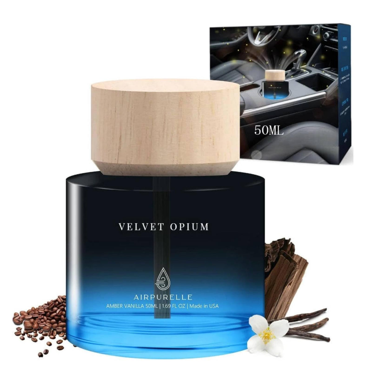 Car Air Freshener 50ML (1.7 FL OZ) Car Air Fresheners Diffuser, Amber Vanilla Fragrance Oil Car Air Freshner, 180+ days Long Lasting Car Perfume, Wooden Cup Design, Made in USA