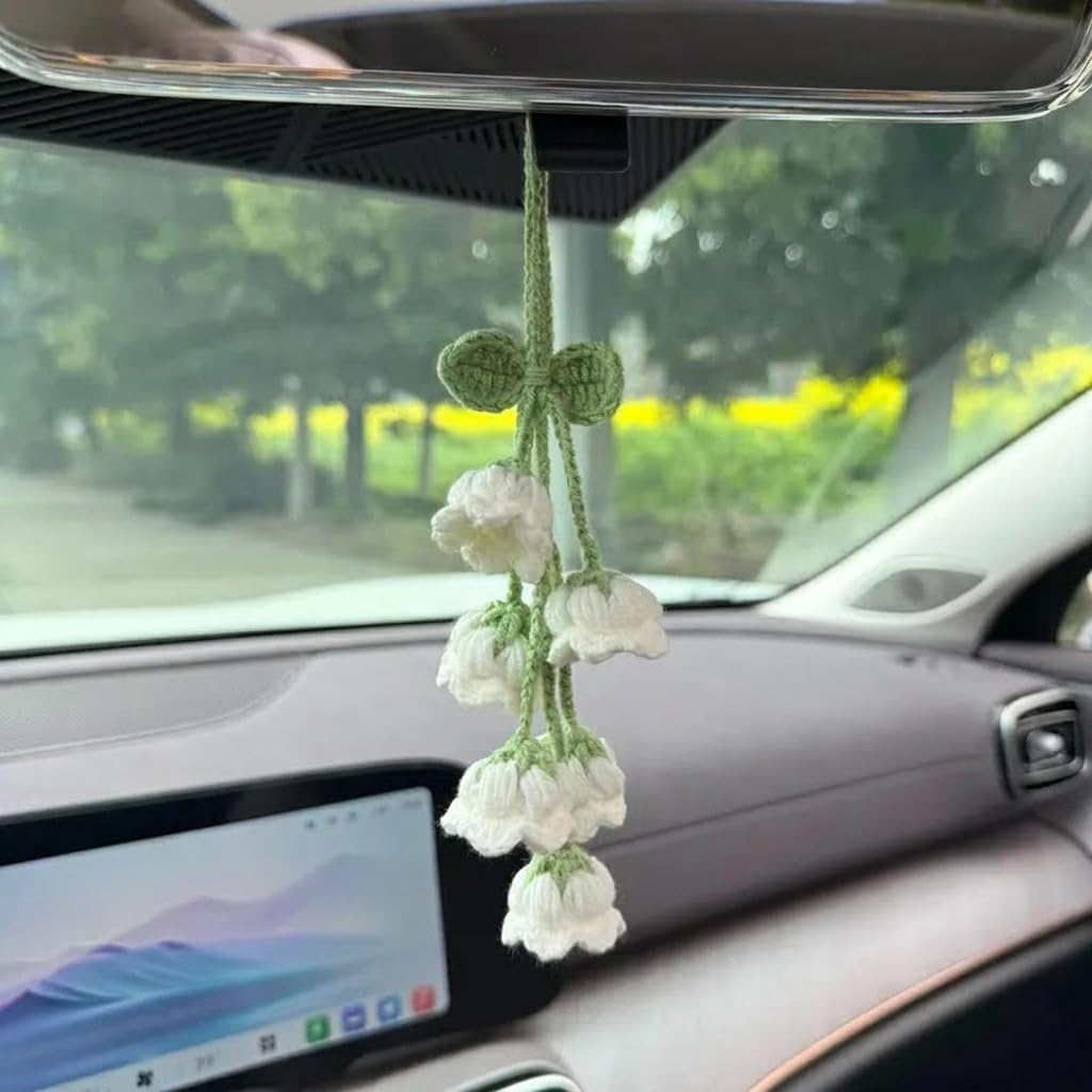 Crochet Lily Car Hanging, Handmade Lily Rearview Mirror Charm, Boho Car Decor, Crochet Flower Car Accessory, for Her D9
