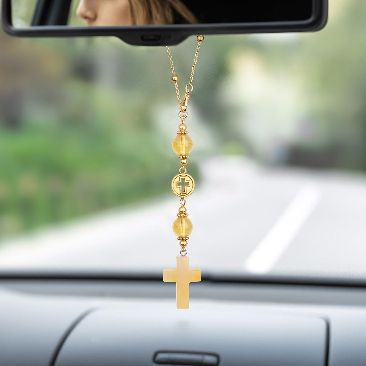 Cross Crystal Hanging Car Charm,Cute Healing Stones Car Decor for Rear View Mirror Boho Handmade Sun Catcher Ornament Accessories Rose Quartz Crystal Protection for Women