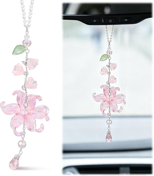 Lily of the Valley Car Charm Hanging Ornament - Floral Rear View Mirror Pendant with Crystal Leaf Beads, Handmade Resin Flower Auto Interior Accessory for Car Truck SUV, Gift for Women Girls (Pink)