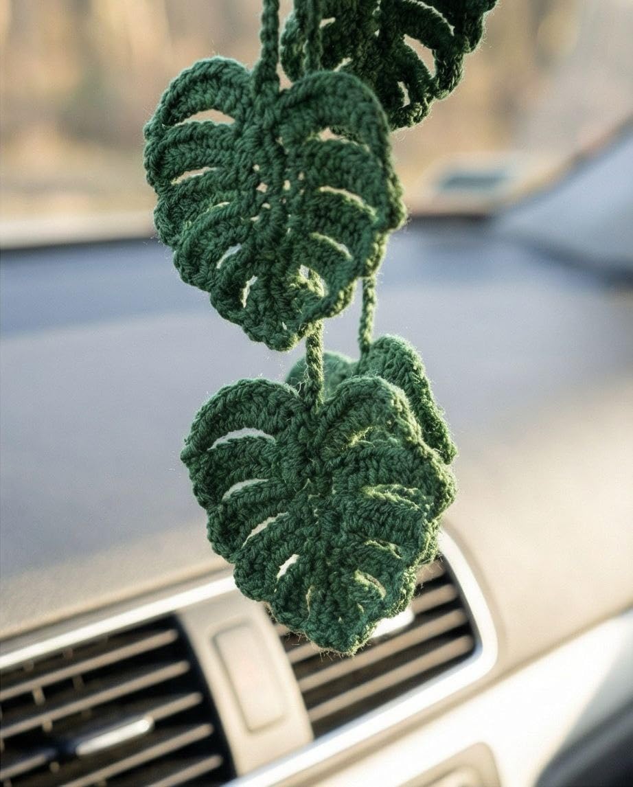 Knitted 4 Monstera Leaves Handmade Crochet Car Accessory Finished Product, 4 Leaves