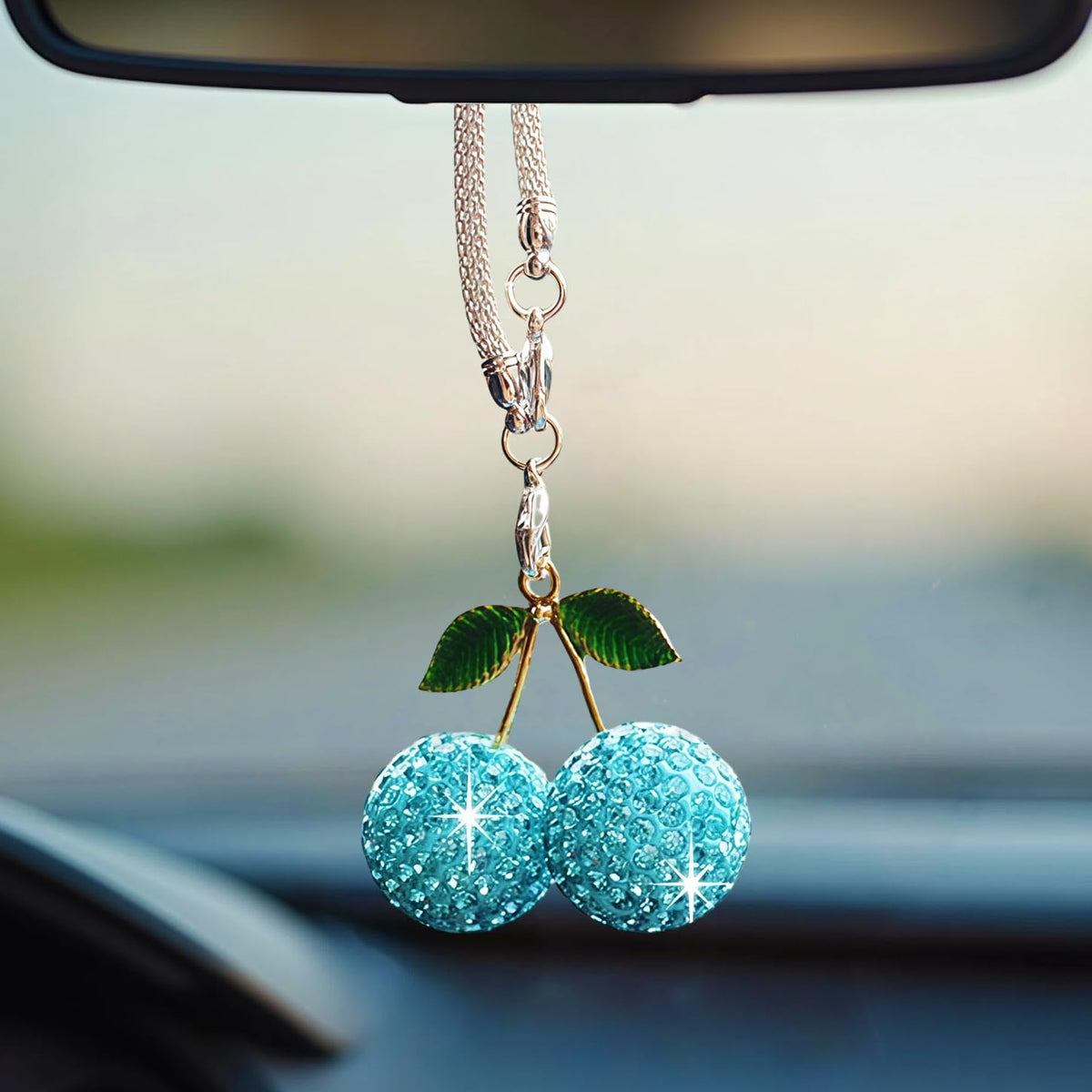 Bling Cherry Car Hanging Ornament, Cute Crystal Rear View Mirror Pendant, Sparkly Diamond Rearview Mirror Charms, Lucky Car Interior Decor Accessories (Red)