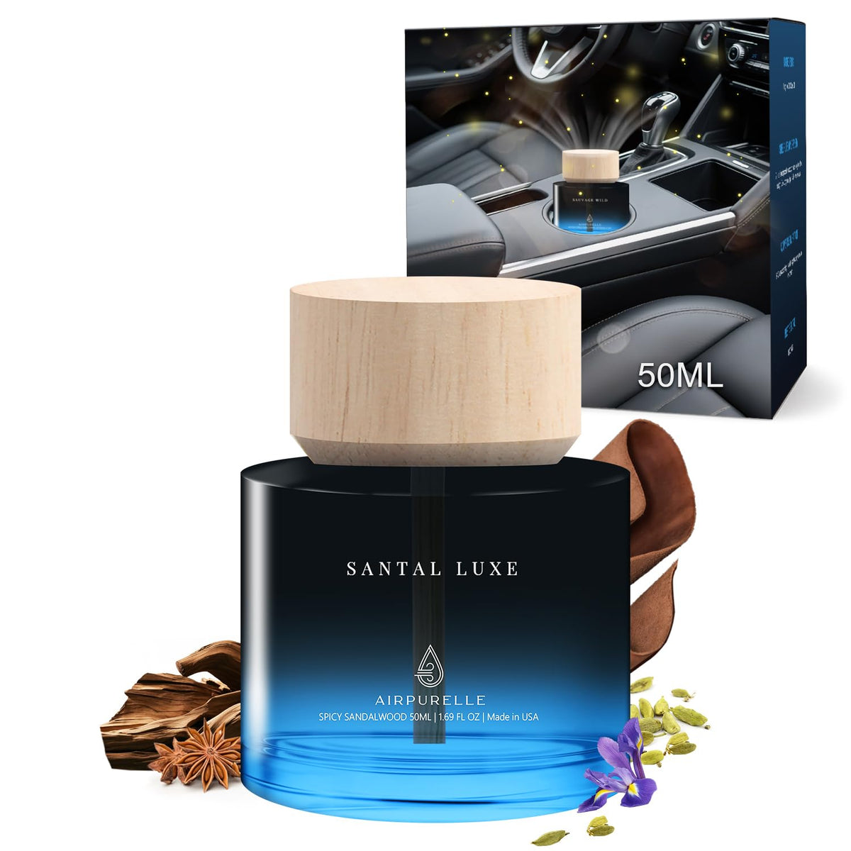 Car Air Freshener 50ML (1.7 FL OZ) Car Air Fresheners Diffuser, Amber Vanilla Fragrance Oil Car Air Freshner, 180+ days Long Lasting Car Perfume, Wooden Cup Design, Made in USA