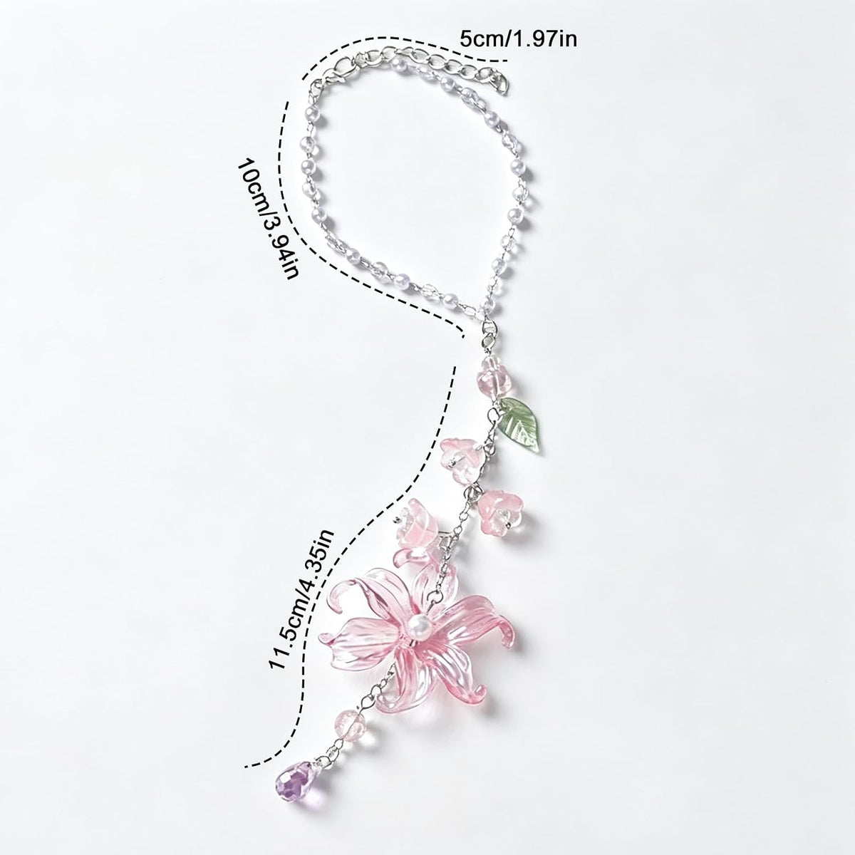 Lily of the Valley Car Charm Hanging Ornament - Floral Rear View Mirror Pendant with Crystal Leaf Beads, Handmade Resin Flower Auto Interior Accessory for Car Truck SUV, Gift for Women Girls (Pink)