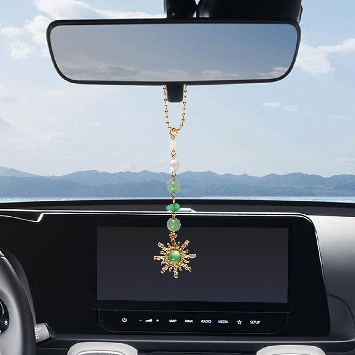 Sun Hanging Car Decor, Rear View Mirror Accessories, Cute Boho Car Accessories for Women, Handmade Charm, Natural Crystals Stones Ornament (Green Stone)