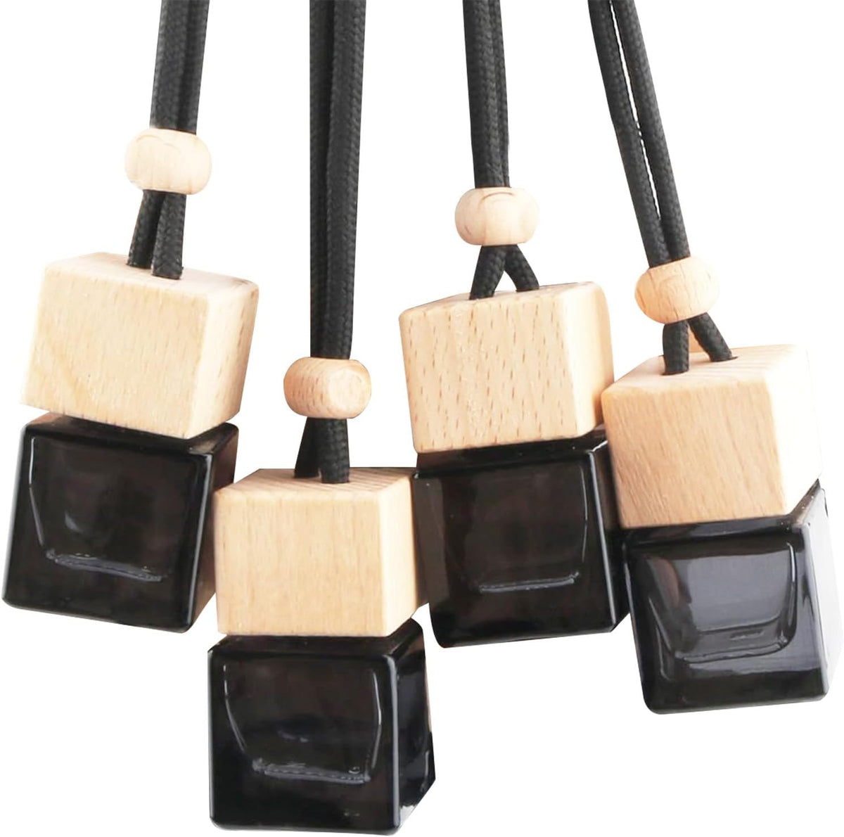 4 Pcs Hanging Car Air Freshener Bottles, Empty Black Glass Diffuser with Essential Oil - Refillable Aromatherapy Pendant for Auto, Home, Office Decor (Square, Cube Shape)