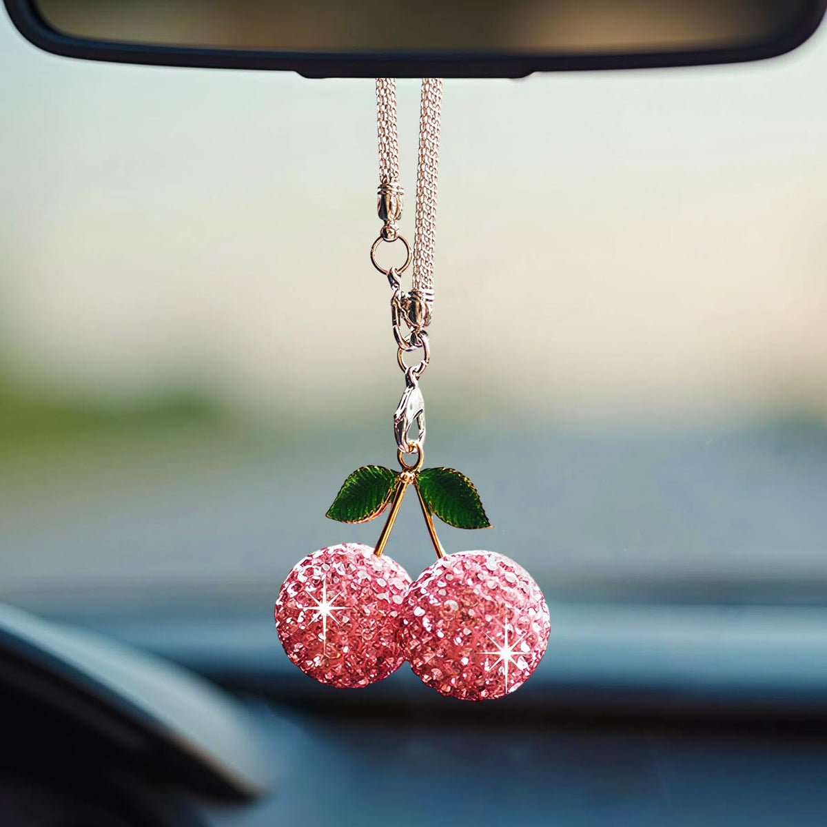Bling Cherry Car Hanging Ornament, Cute Crystal Rear View Mirror Pendant, Sparkly Diamond Rearview Mirror Charms, Lucky Car Interior Decor Accessories (Red)