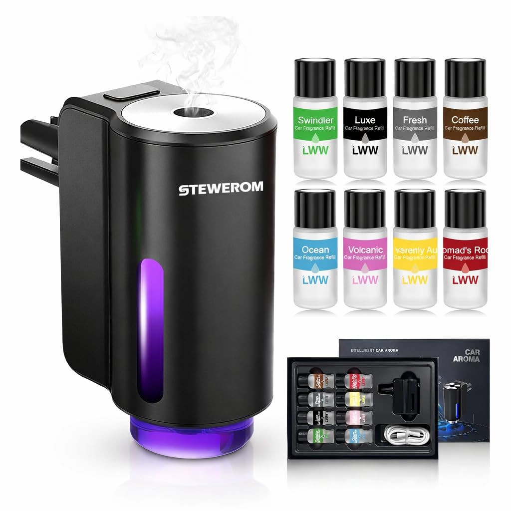Car Air Freshener - Smart Adjustable 3-Speed Intensity, Rechargeable Humidifier Car Essential Oil Diffuser - Comes with 8 Bottles of 10ml Perfume (Black)