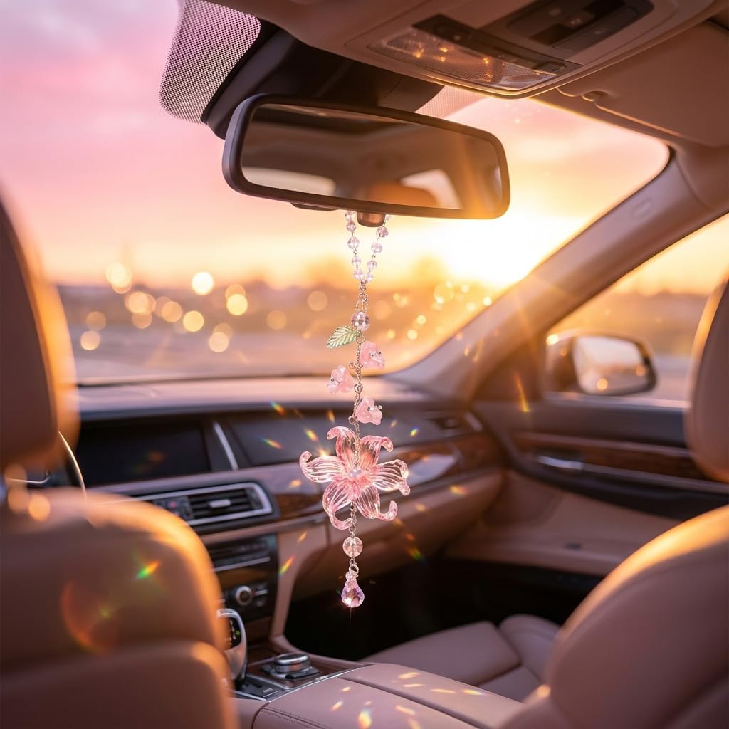 Car Mirror Hanging Ornament, Pink Lily Floral Rear View Decor