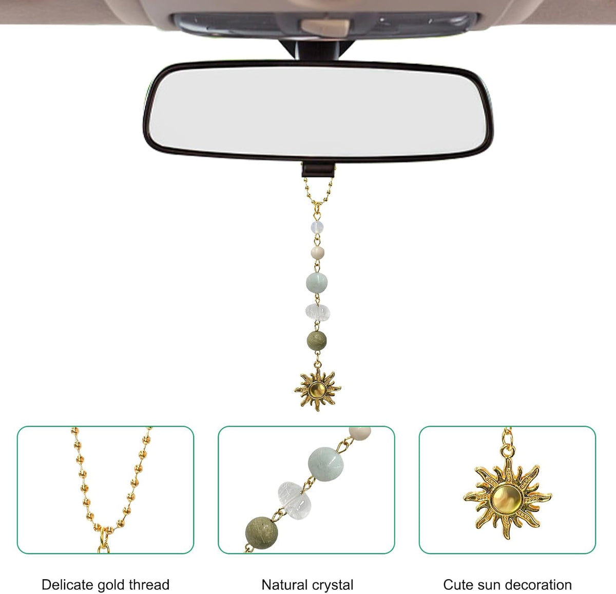 Sun Hanging Car Charm, Rear View Mirror Cute Boho Dangling Sun Car Decor Hanging Ornament, Handmade Healing Natural Crystals Stones Sun Catcher Mirror Pendant for Women Men (Green)