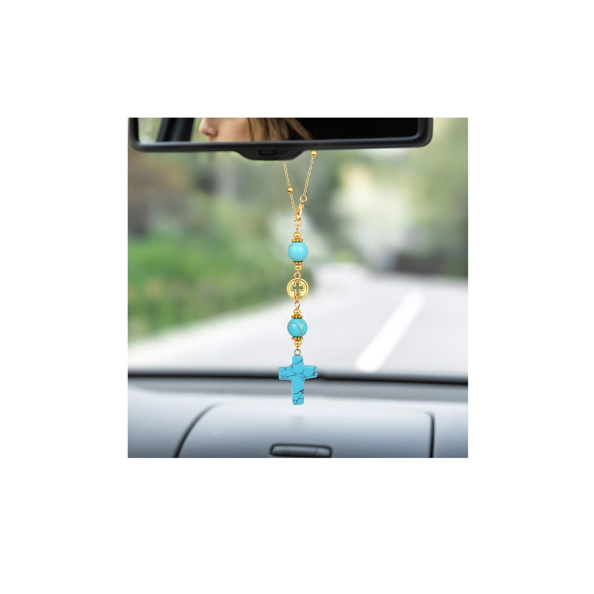 Cross Crystal Hanging Car Charm,Cute Healing Stones Car Decor for Rear View Mirror Boho Handmade Sun Catcher Ornament Accessories Rose Quartz Crystal Protection for Women