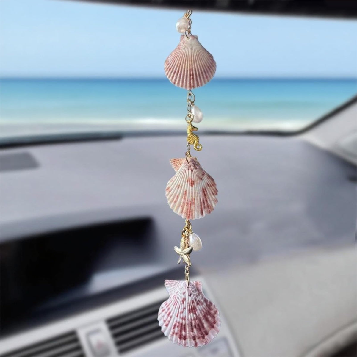 Sea Shells Car Decor,Coastal Hanging Rear View Mirror Charm Accessories