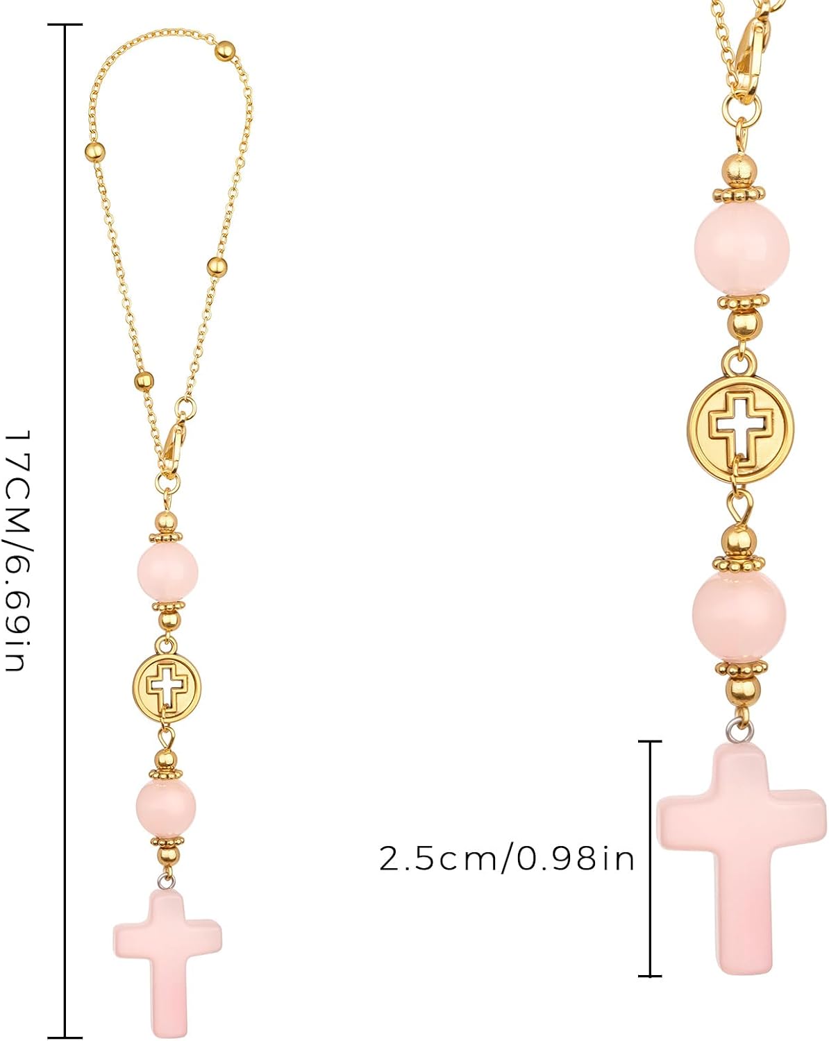 Cross Crystal Hanging Car Charm,Cute Healing Stones Car Decor for Rear View Mirror Boho Handmade Sun Catcher Ornament Accessories Rose Quartz Crystal Protection for Women