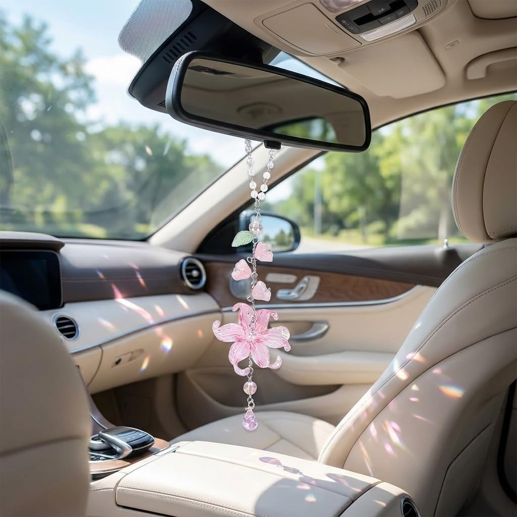 Car Mirror Hanging Ornament, Pink Lily Floral Rear View Decor