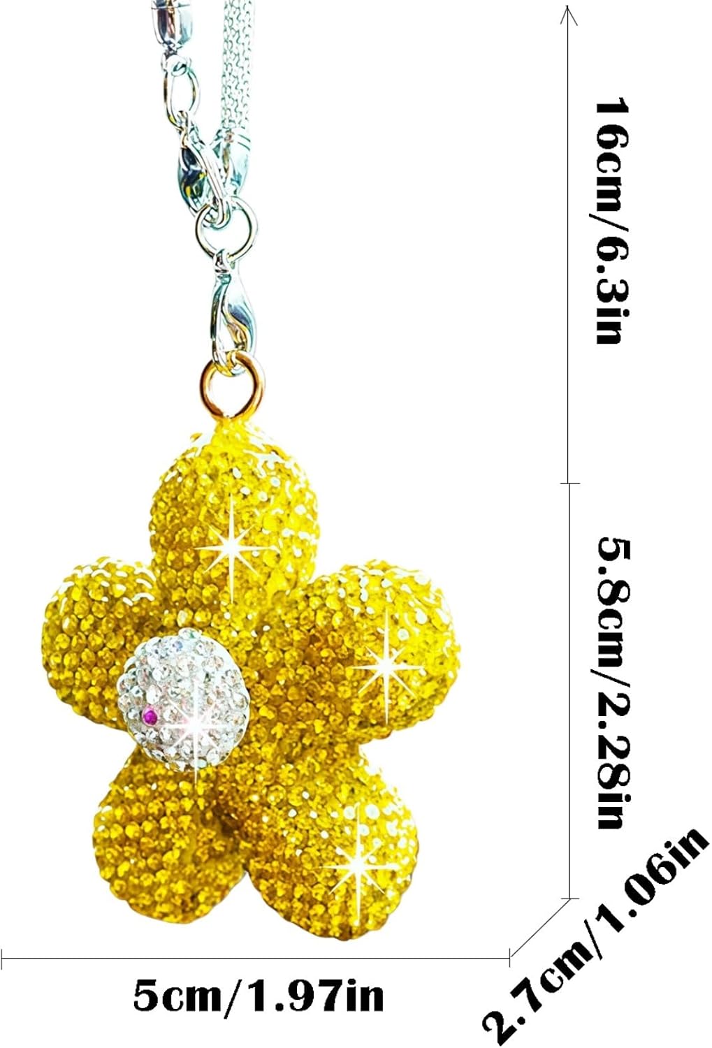 Bling Daisy Flower Car Hanging Ornament for Women, Cute Crystal Rear View Mirror Pendant Charms Sparkly Diamond Aesthetic Automotive Interior Decor Accessories (Yellow)