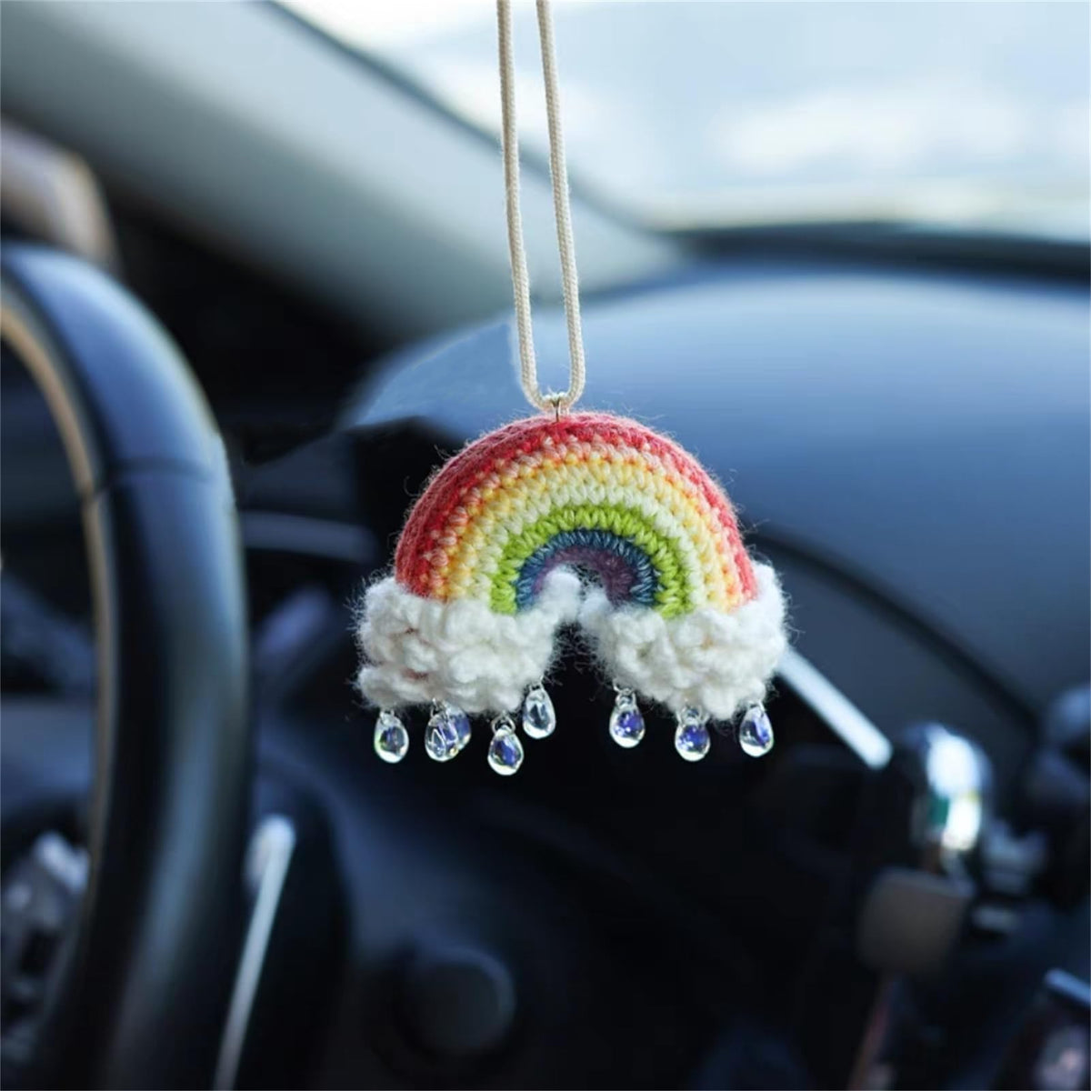 Cute Bowknot Love Car Mirror Hanger, Crochet Hand Knitted Rear View Mirror Accessory