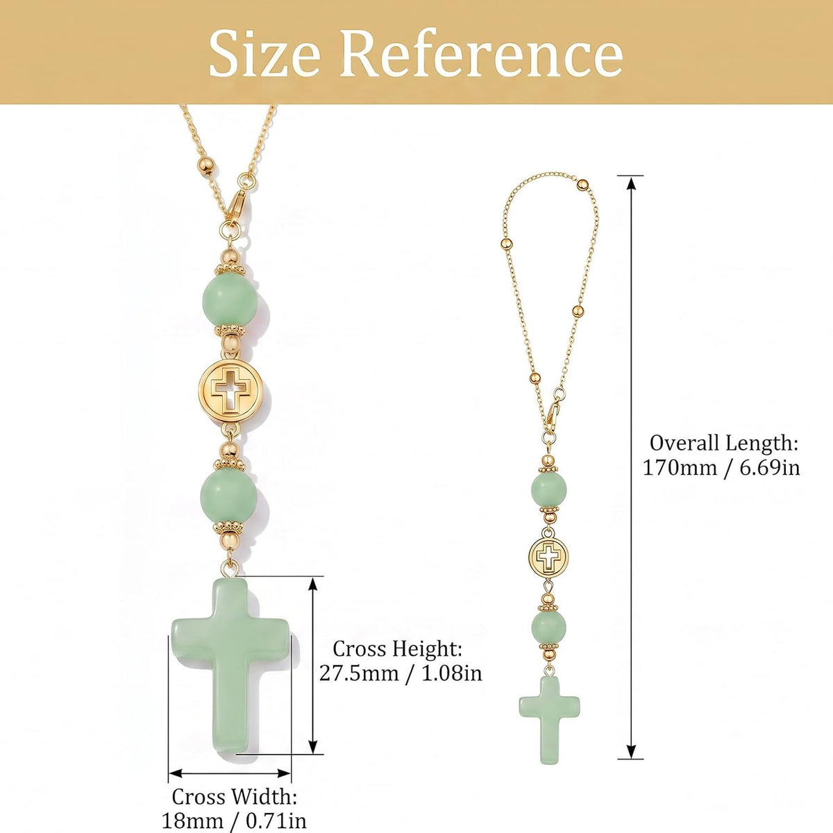 Green Crystal Cross Car Hanging Charm, Boho Blessing Rear View Mirror Ornament, Healing Stone Car Decor Accessories for Women