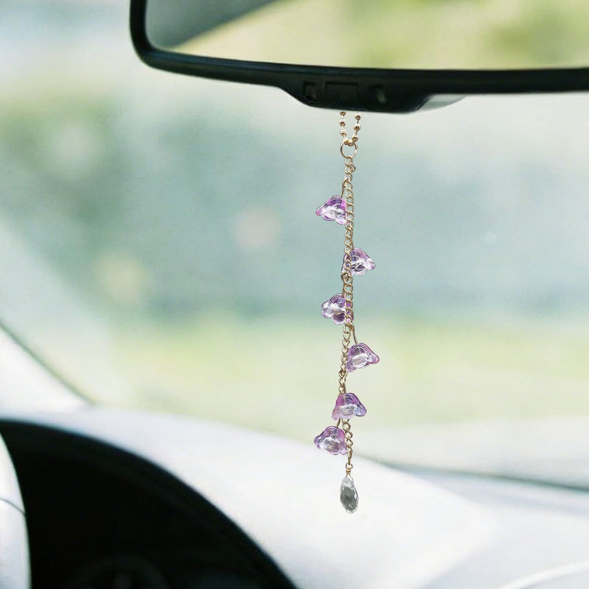 CASONA Car Rearview Mirror Hanging Decor,Green Glass Lily of the Valley