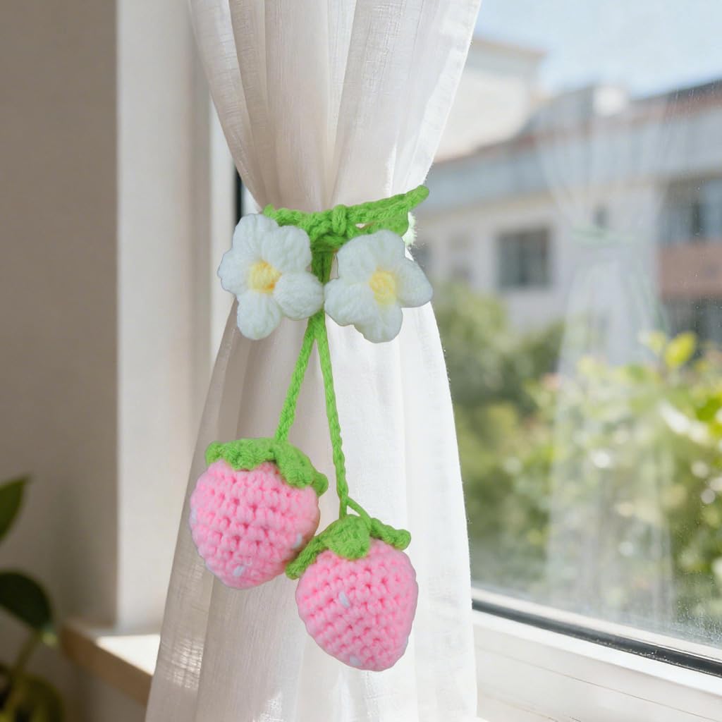 Crochet Strawberry and Flower Car Hanging Ornaments, Aesthetic Rearview Mirror Hanging Accessories, Handmade Car Decor 2-Pack, Pink
