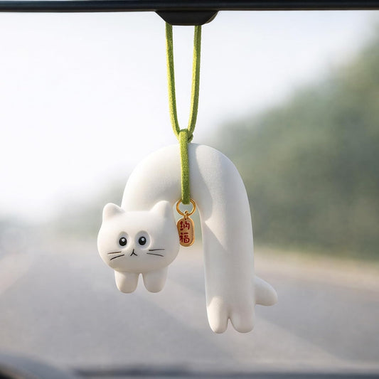 YGMONER Cute Cat Car Mirror Hanging Accessories, Pink Polka Dot Kitten Car Interior Rearview Mirror Gypsum Dangle Ornaments, Gifts for Women (White)
