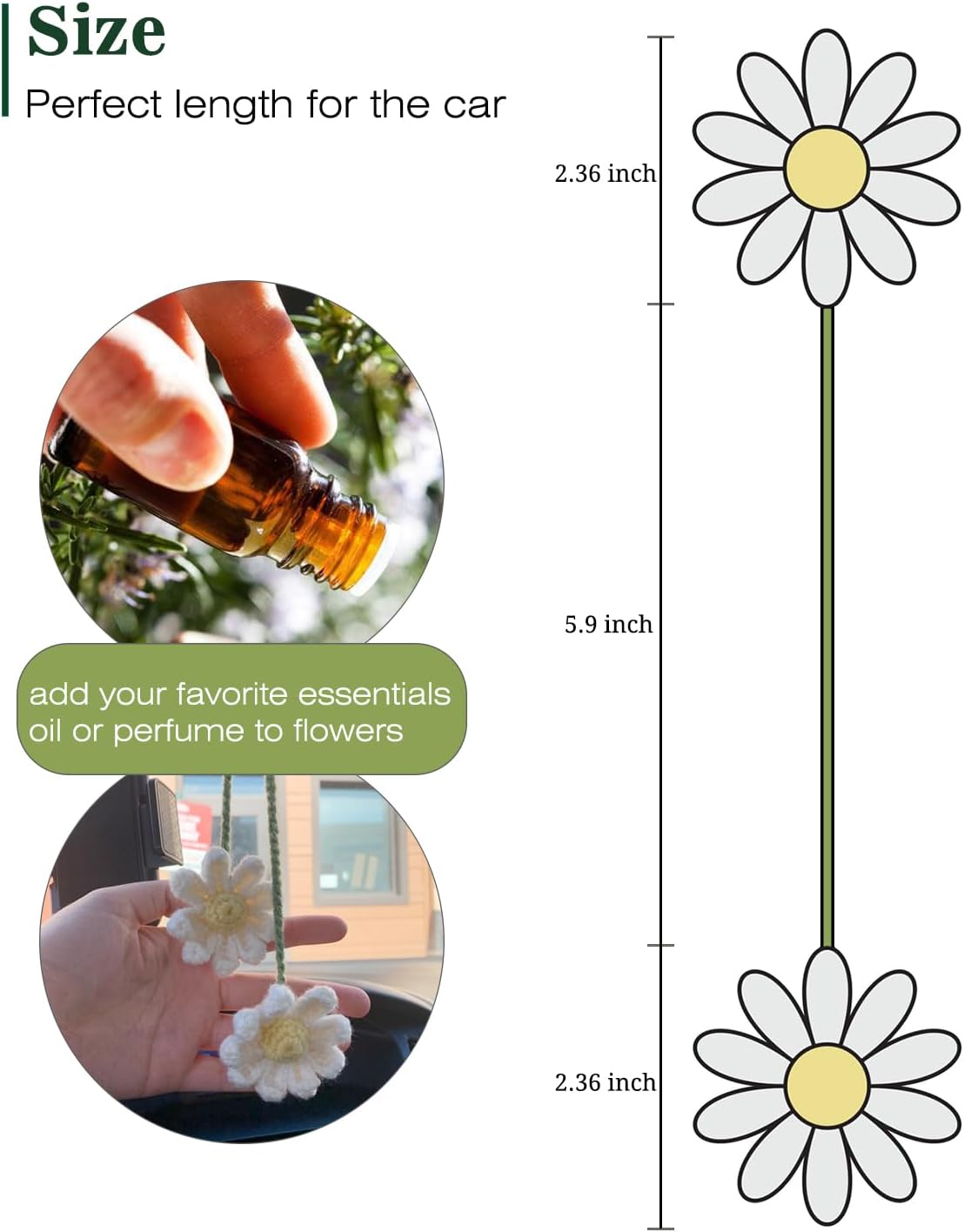 Crochet Daisy Car Accessories for Women Cute Rear View Mirror Hanging Charm