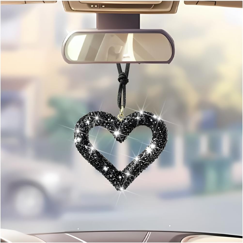 Mandark Crystal Rhinestone Heart Rearview Mirror Pendant, Black