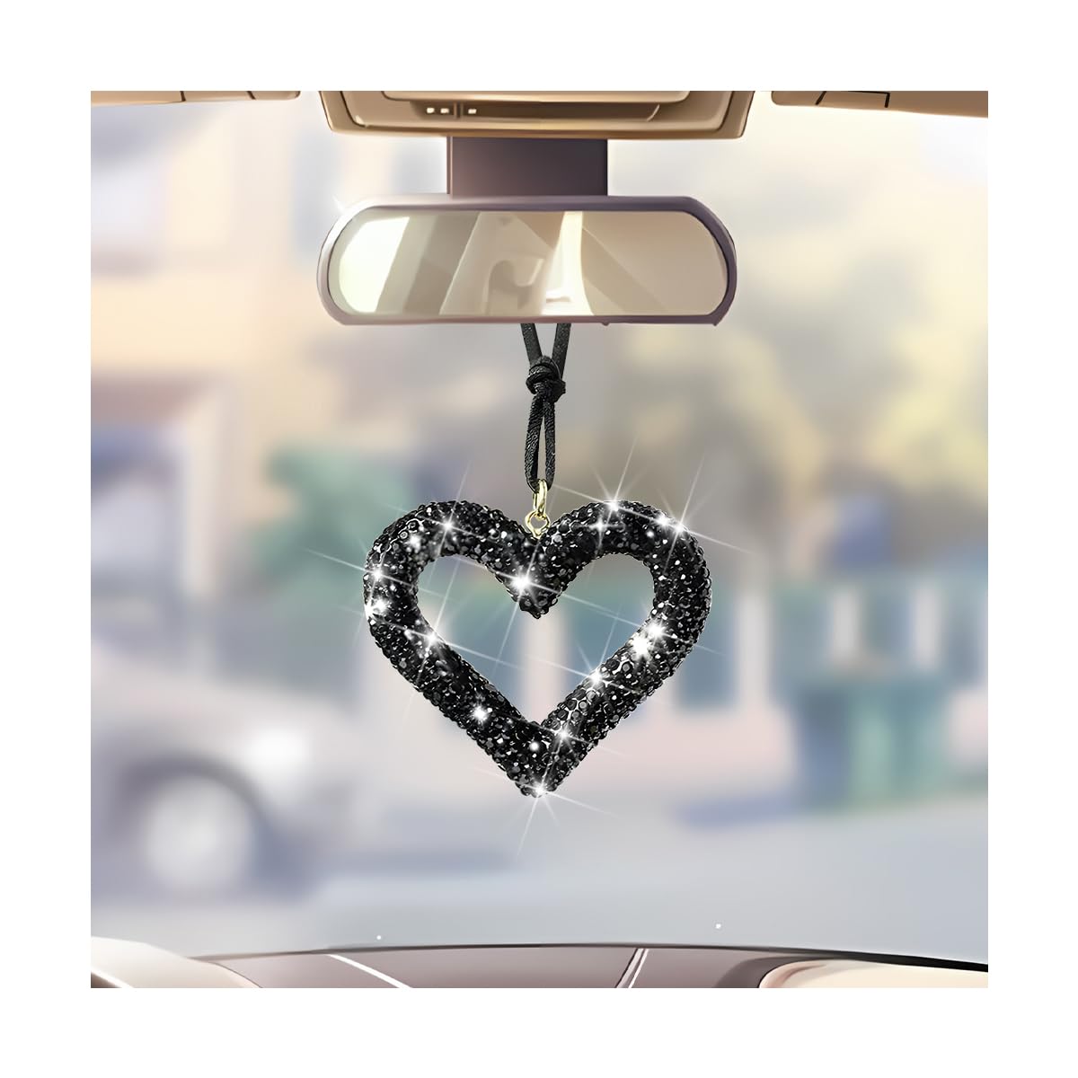 Mandark Crystal Rhinestone Heart Rearview Mirror Pendant, Black