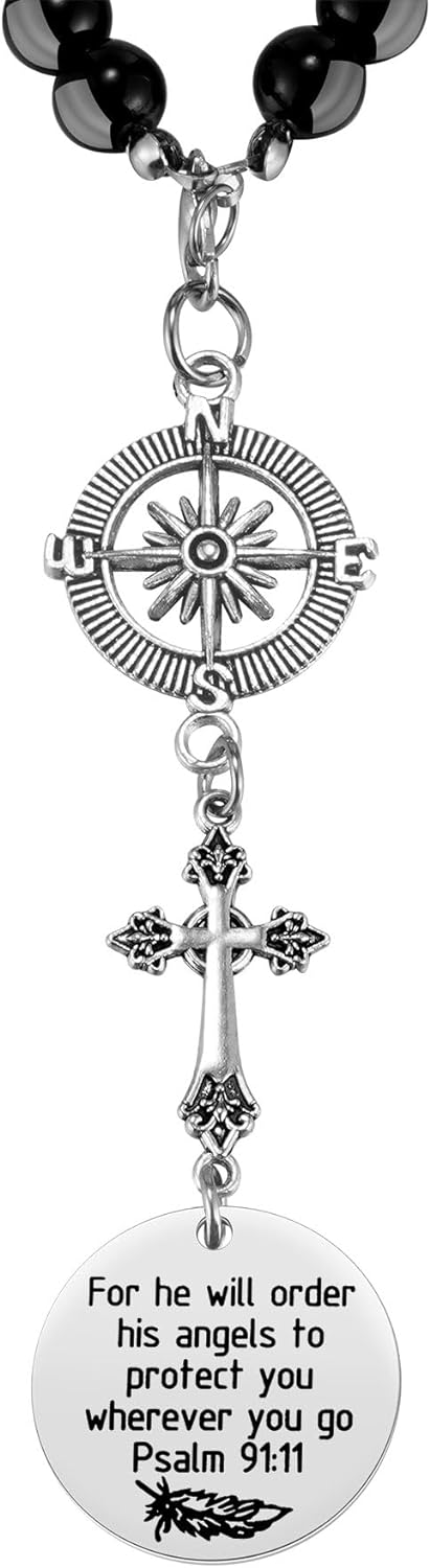 Ralukiia Cross Car Charm, for He Will Order His Angels to Protect You Wherever You Will Go, Rear View Mirror Car Charm, Psalm 91:11, Bible Verse, Religious Gifts for Women