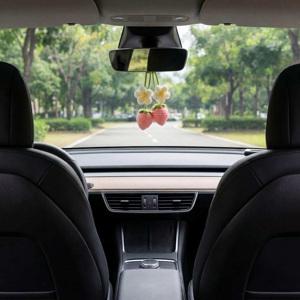 Crochet Strawberry and Flower Car Hanging Ornaments, Cute Aesthetic Rearview Mirror Hanging Accessories for Women and Girls, Handmade Polyester Fiber Car Decor 2-Pack