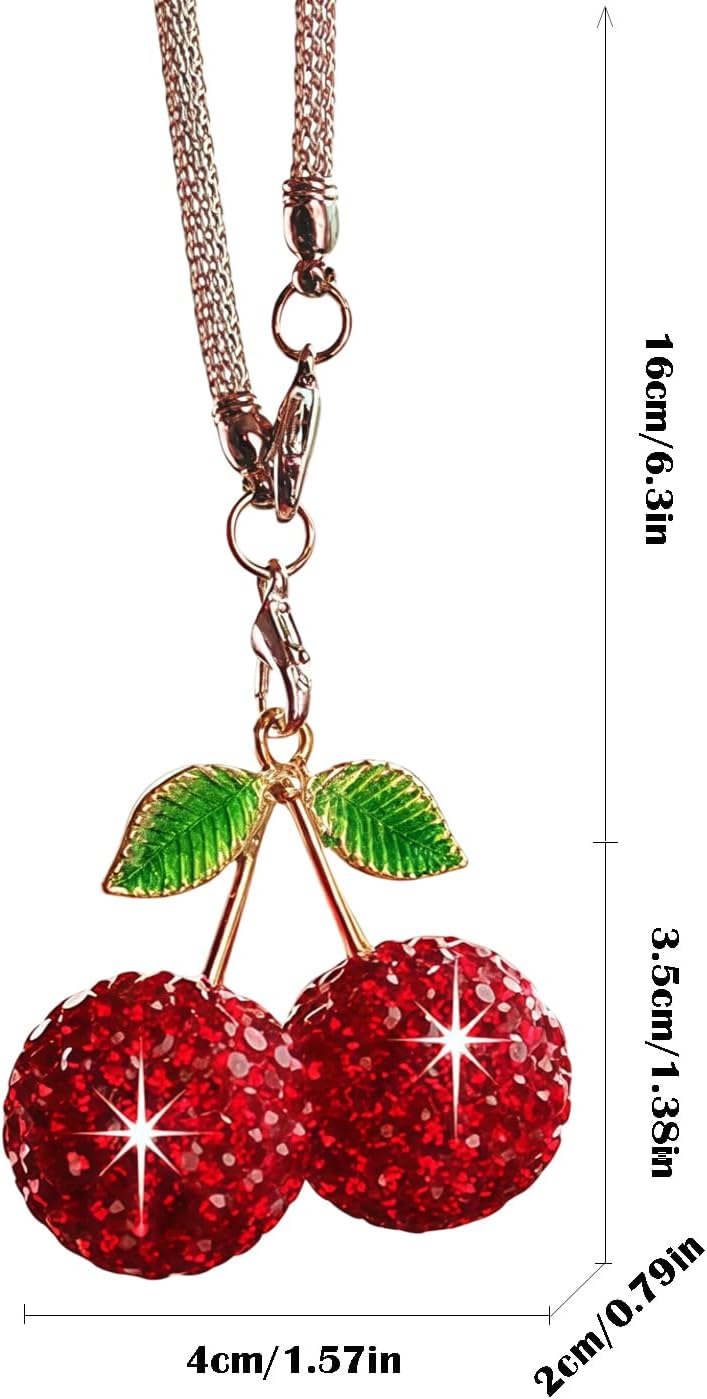 Bling Cherry Car Hanging Ornament, Cute Crystal Rear View Mirror Pendant, Sparkly Diamond Rearview Mirror Charms, Lucky Car Interior Decor Accessories (Red)