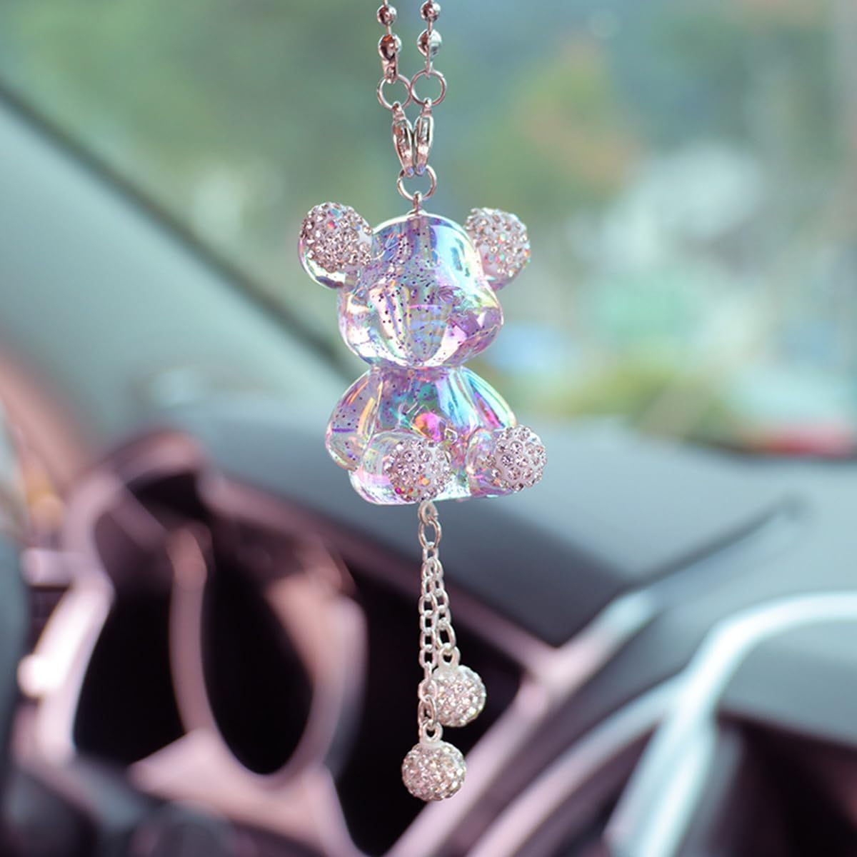 YOYLMAL Bling Diamond Car Hanging Accessories for Women, Cute Crystal Bear Car Rear View Mirror Charms Pendant Lucky Hanging Ornament Car Interior Decorations (Pink)