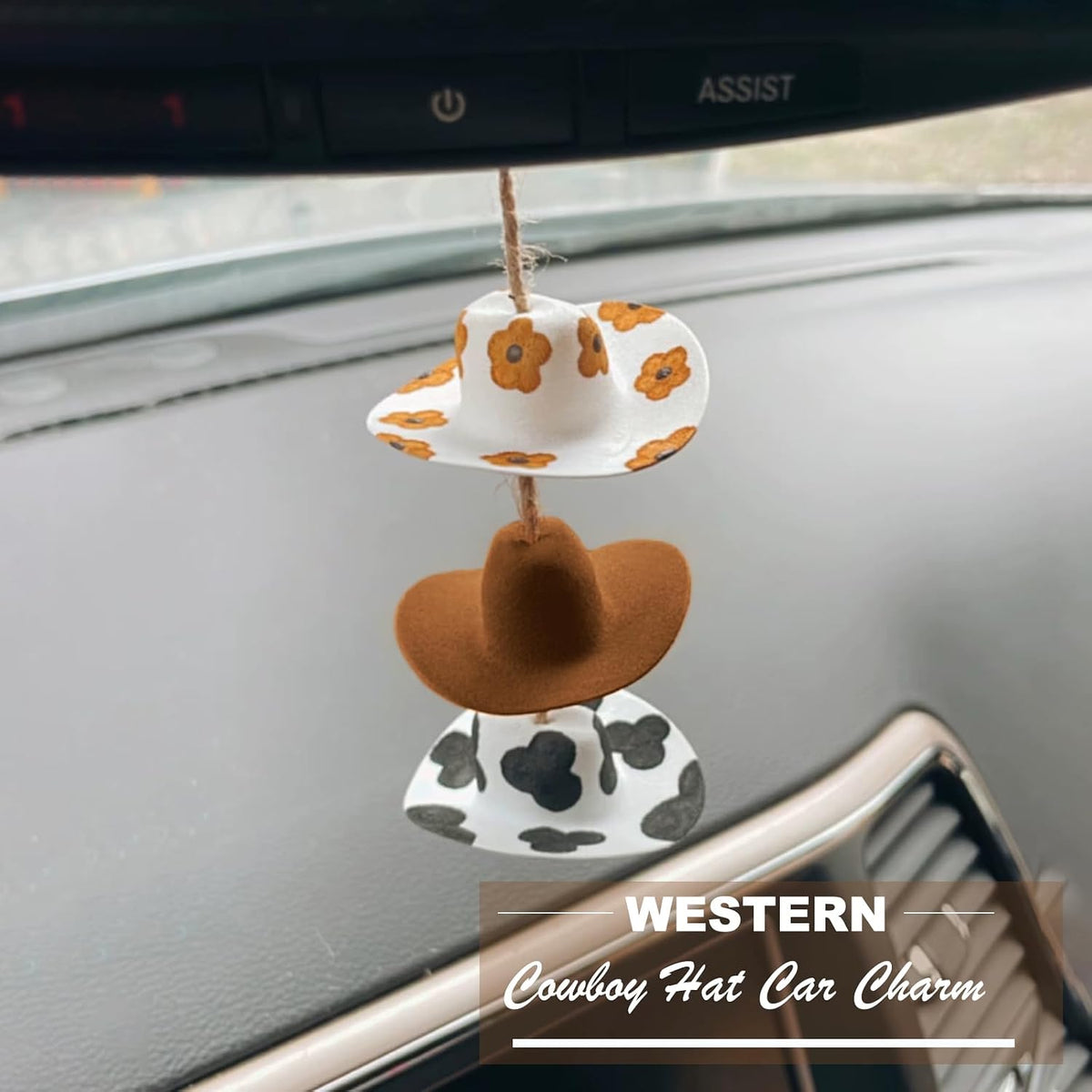 Cowboy Hat Car Charm,Cow Print Decor Rear View Mirror Hanging Accessories