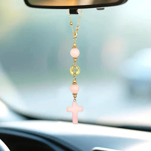 Car Rear View Mirror Accessories Car Hanging Ornament, Cross Unique Rearview Decor Charm Rose Quartz Crystal Beads Cross Swinging Interior Decor for Women Men (Pink)