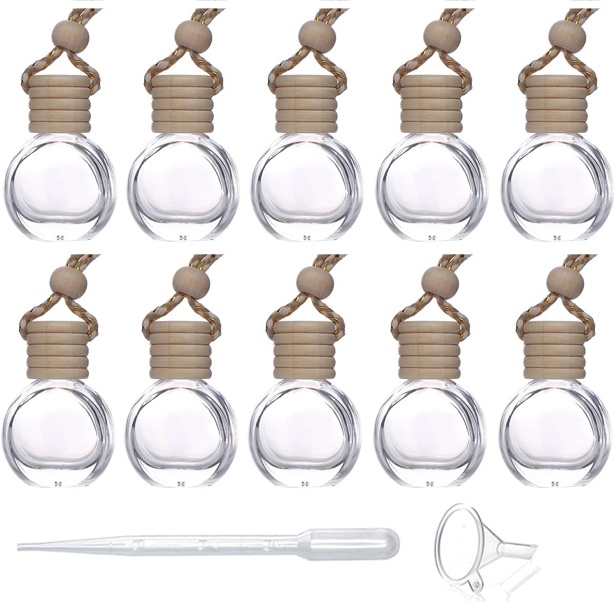 10 Pcs 8ml Hanging Essential Oil Diffuser,Empty Clear Glass Oblate Car Air Freshener Perfume Aromatherapy Pendant Bottle Vials With Wooden Caps & Hanging String-FREE 1 Funnel&Dropper