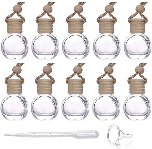 10 Pcs 8ml Hanging Essential Oil Diffuser,Empty Clear Glass Oblate Car Air Freshener Perfume Aromatherapy Pendant Bottle Vials With Wooden Caps & Hanging String-FREE 1 Funnel&Dropper