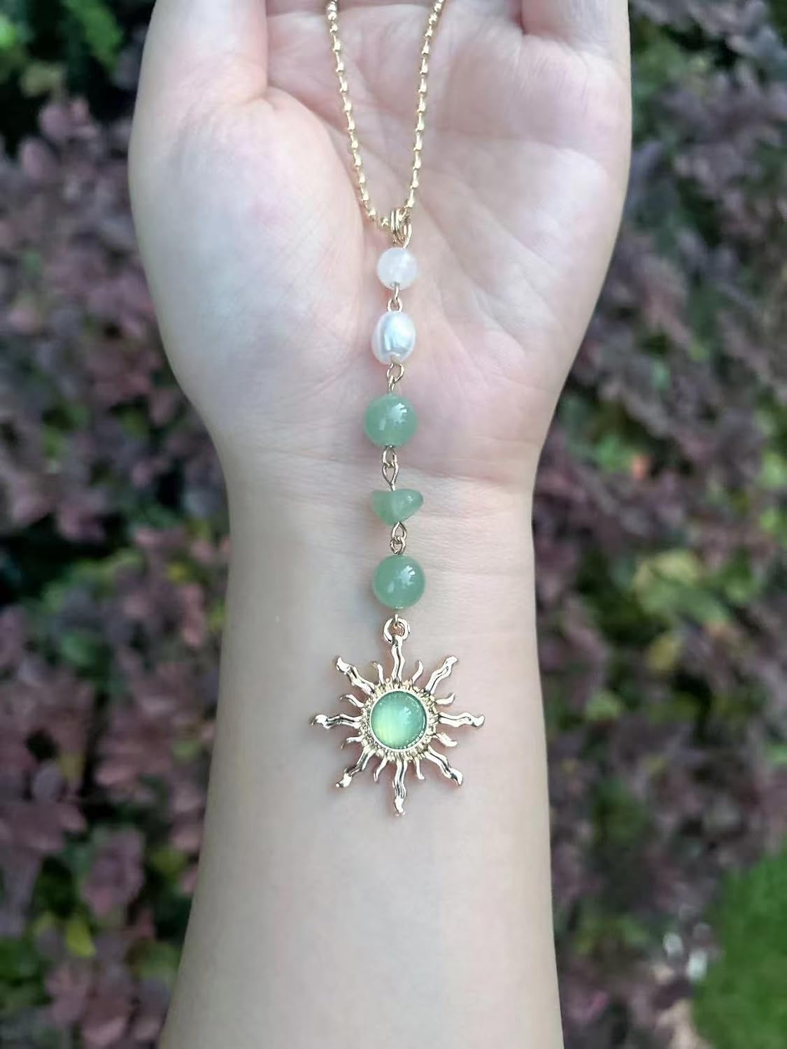 Sun Hanging Car Decor, Rear View Mirror Accessories, Cute Boho Car Accessories for Women, Handmade Charm, Natural Crystals Stones Ornament (Green Stone)