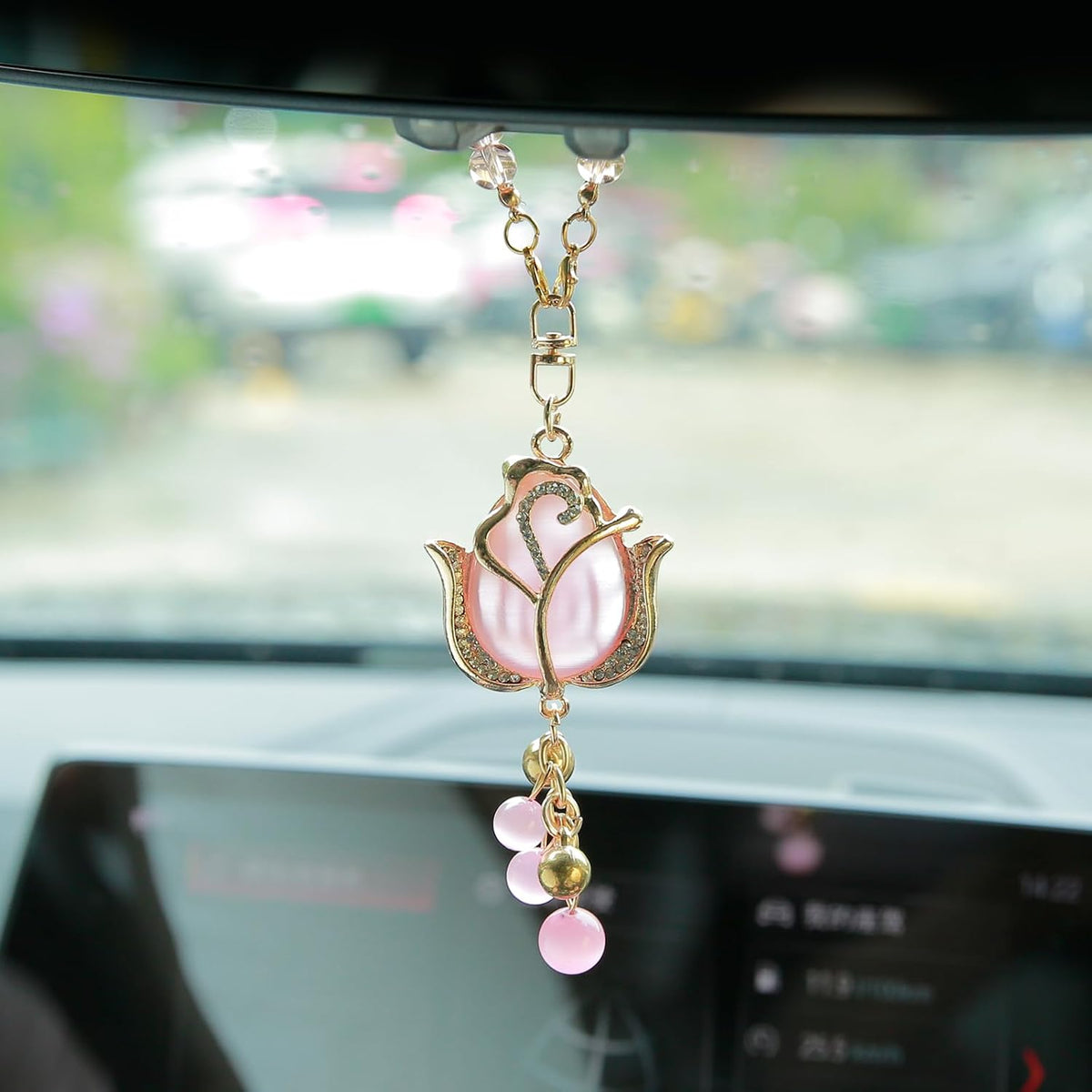 YGMONER Tulip Car Mirror Hanging Ornaments Pink Cat's Eye Stone Flower Charm - 9 Inch Elegant for Women's Auto Decor Accessories