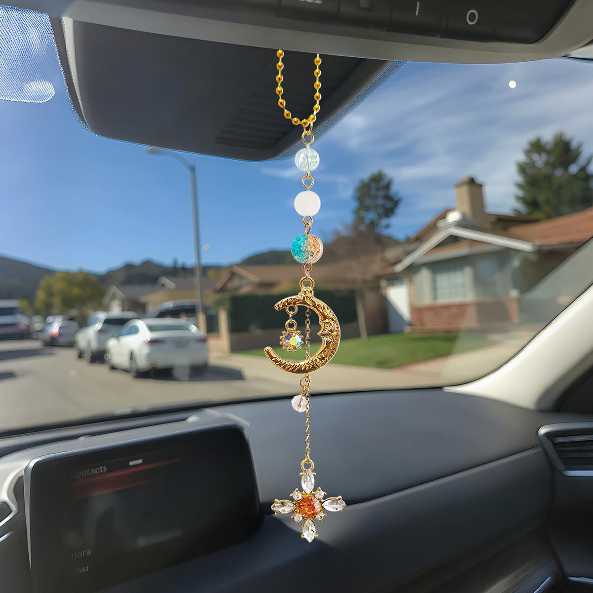 Sun Moon Car Charm Hanging, Boho Dangling Automotive Decor-Rear View Mirror Decoration with Handmade Healing Crystals Stones, Cute Interior Ornament Car Accessories