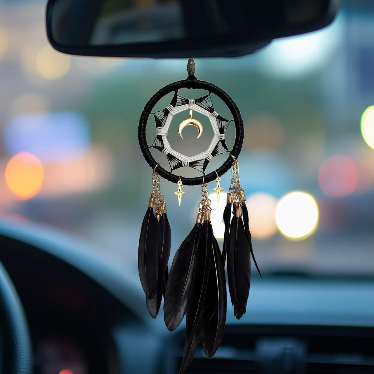 Dream Catchers for Car Small Moon Dreamcatcher Rear View Mirror Hanging Decor Car Charms Pendant Gift for Adults Black
