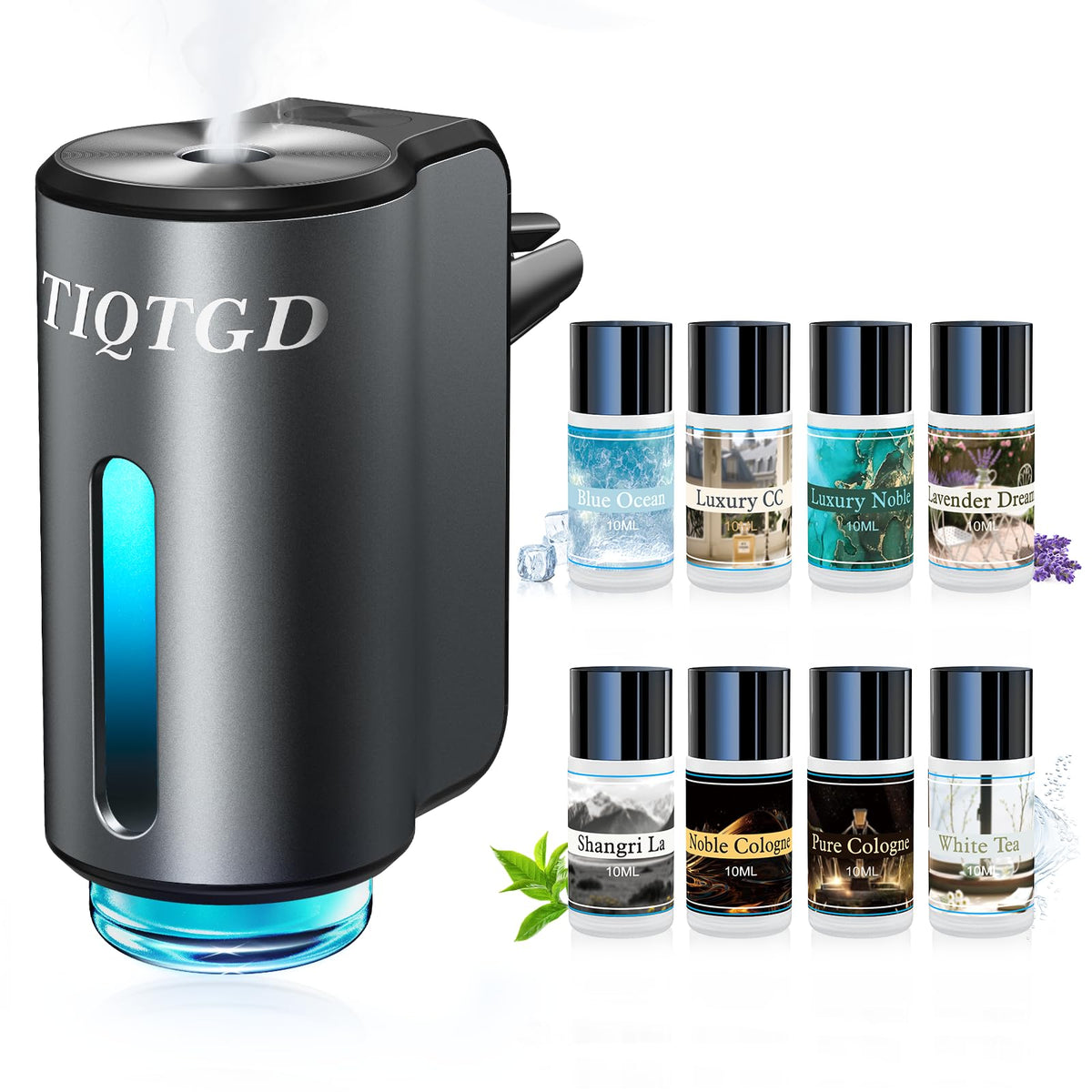 Smart Car Air Freshener, Car Air Freshener Diffuser with 3 Adjustable Modes, Rechargeable Aromatizante para Carro with 8pcs Essential Oil, Long-Lasting, Black