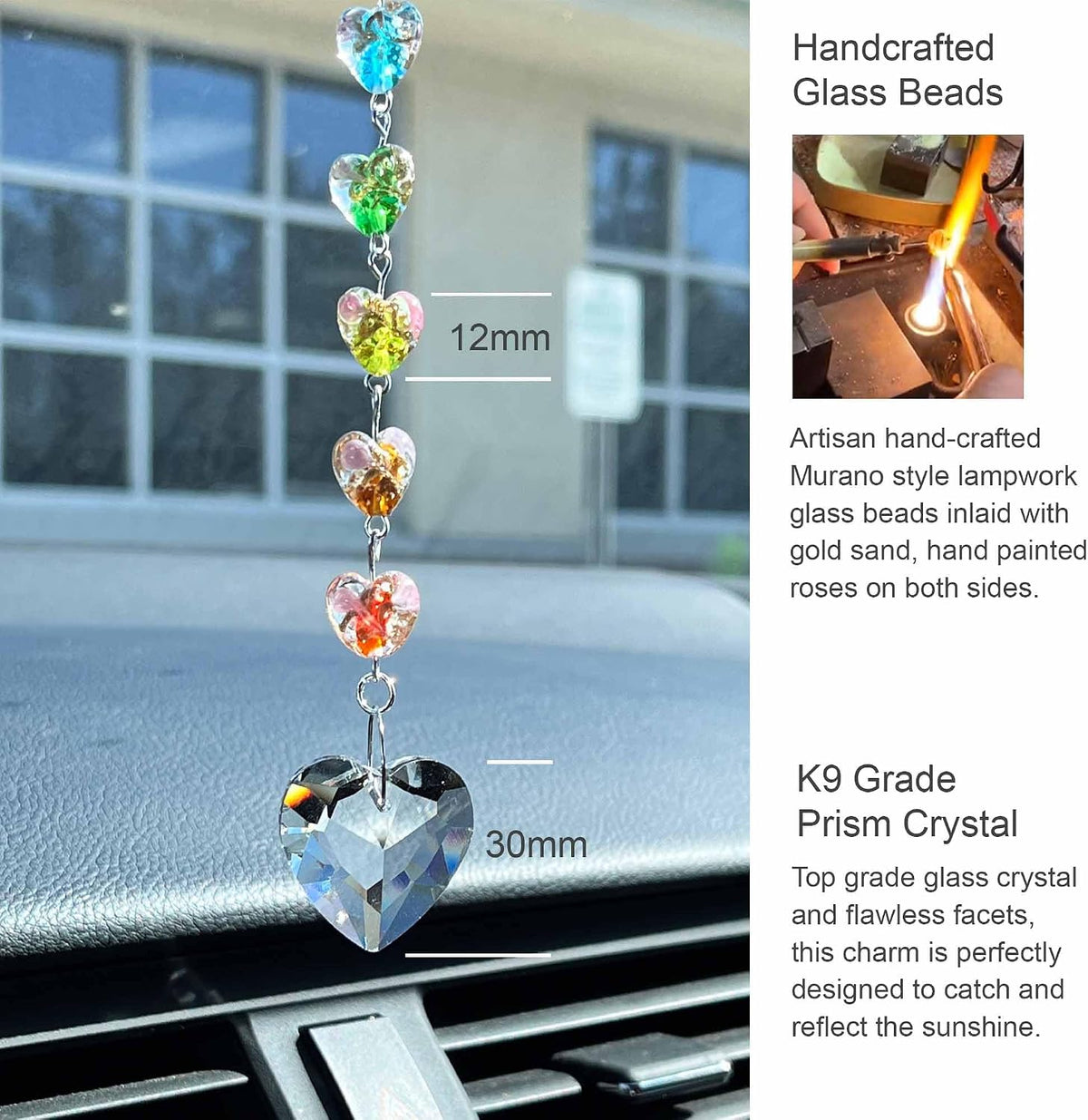 Crystal Suncatcher Charm for Car Rear View Mirror, 7 Chakras Rainbow Glass Chanderlier Prisms Hanging Car Charm, Sun Catcher Ornament Window Wall Home Décor (Rainbow Heart)