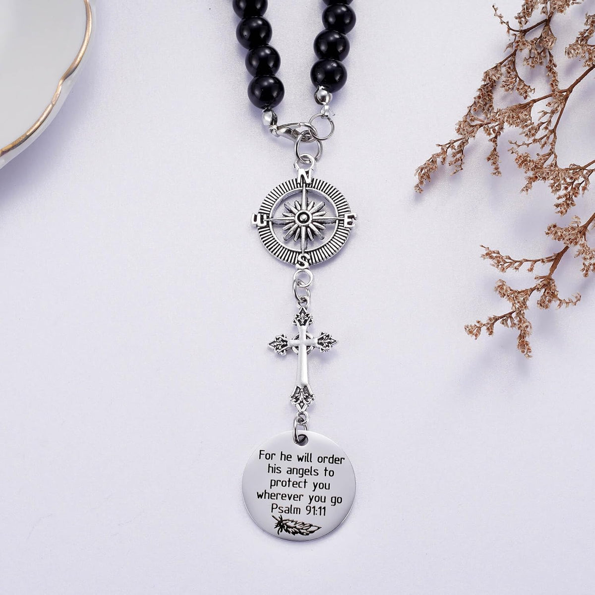 Ralukiia Cross Car Charm, for He Will Order His Angels to Protect You Wherever You Will Go, Rear View Mirror Car Charm, Psalm 91:11, Bible Verse, Religious Gifts for Women