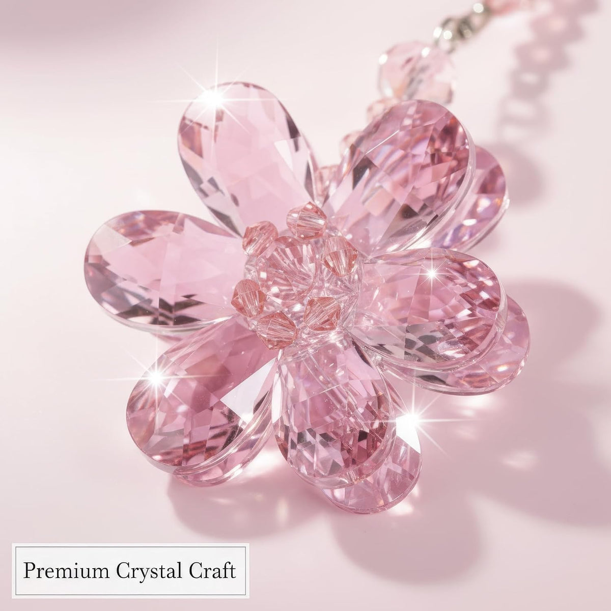 Pink Crystal Flower Car Charm for Women - Feng Shui Rearview Mirror Hanging Ornament - Crystal Bead Auto Interior Decor