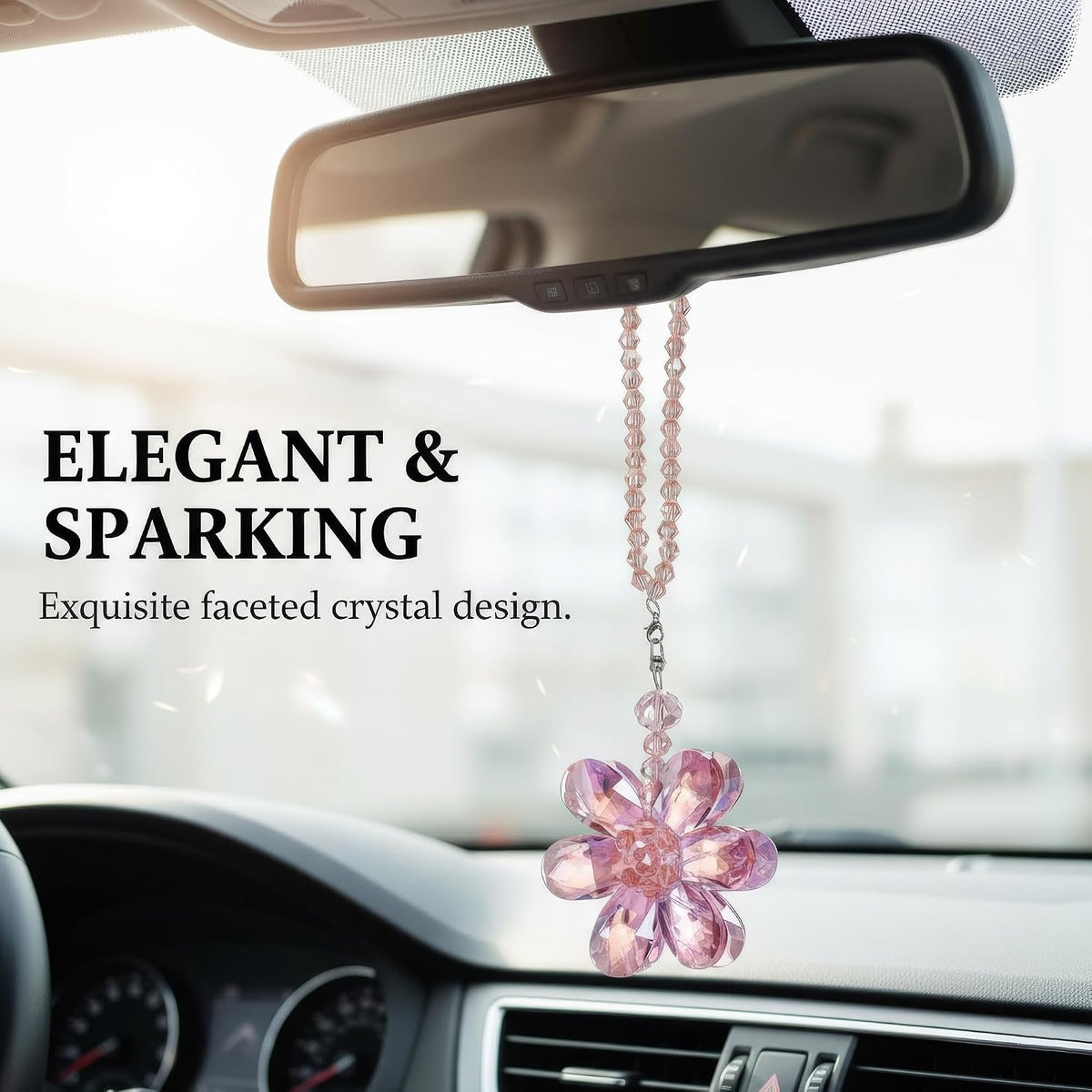 Pink Crystal Flower Car Charm for Women - Feng Shui Rearview Mirror Hanging Ornament - Crystal Bead Auto Interior Decor