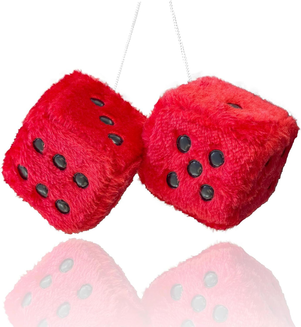 Fuzzy Plush Dice for Car Mirror, Pair of Retro 3” Red Dice with Black Dots for Car Interior Hanging Ornament Decoration