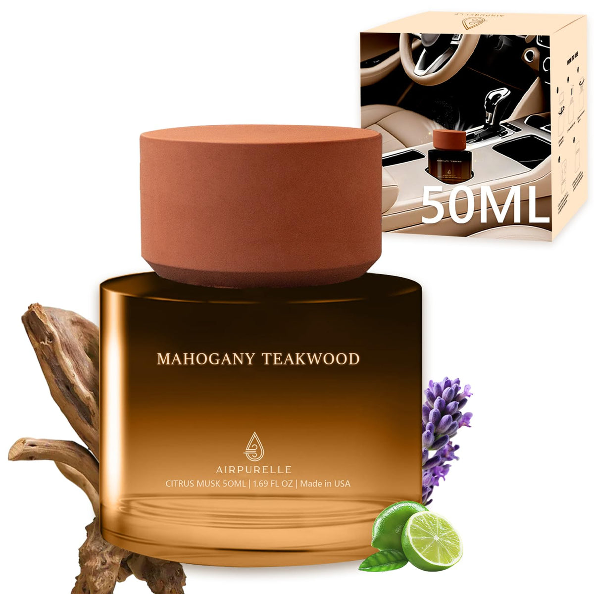 Car Air Freshener 50ML (1.7 FL OZ) Car Air Fresheners Diffuser, Amber Vanilla Fragrance Oil Car Air Freshner, 180+ days Long Lasting Car Perfume, Wooden Cup Design, Made in USA