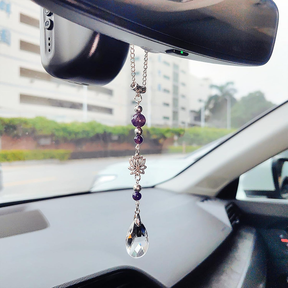 Crystal Sun Catcher Rear View Mirror Accessories, Cute Lotus Flower Pendant Car Decor, Boho Hanging Ornament Suncatchers Charms for Car Mirror, Garden, Windows